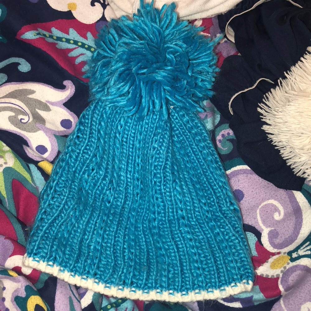 blue big pom pom beanie